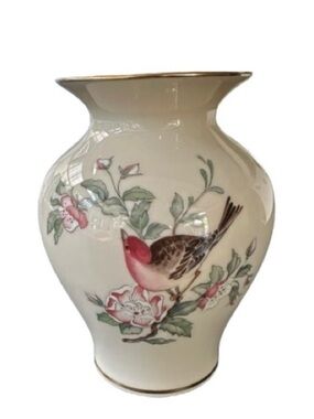 Lenox Porcelain Bird and Floral Vase in Cream, Pink and Green